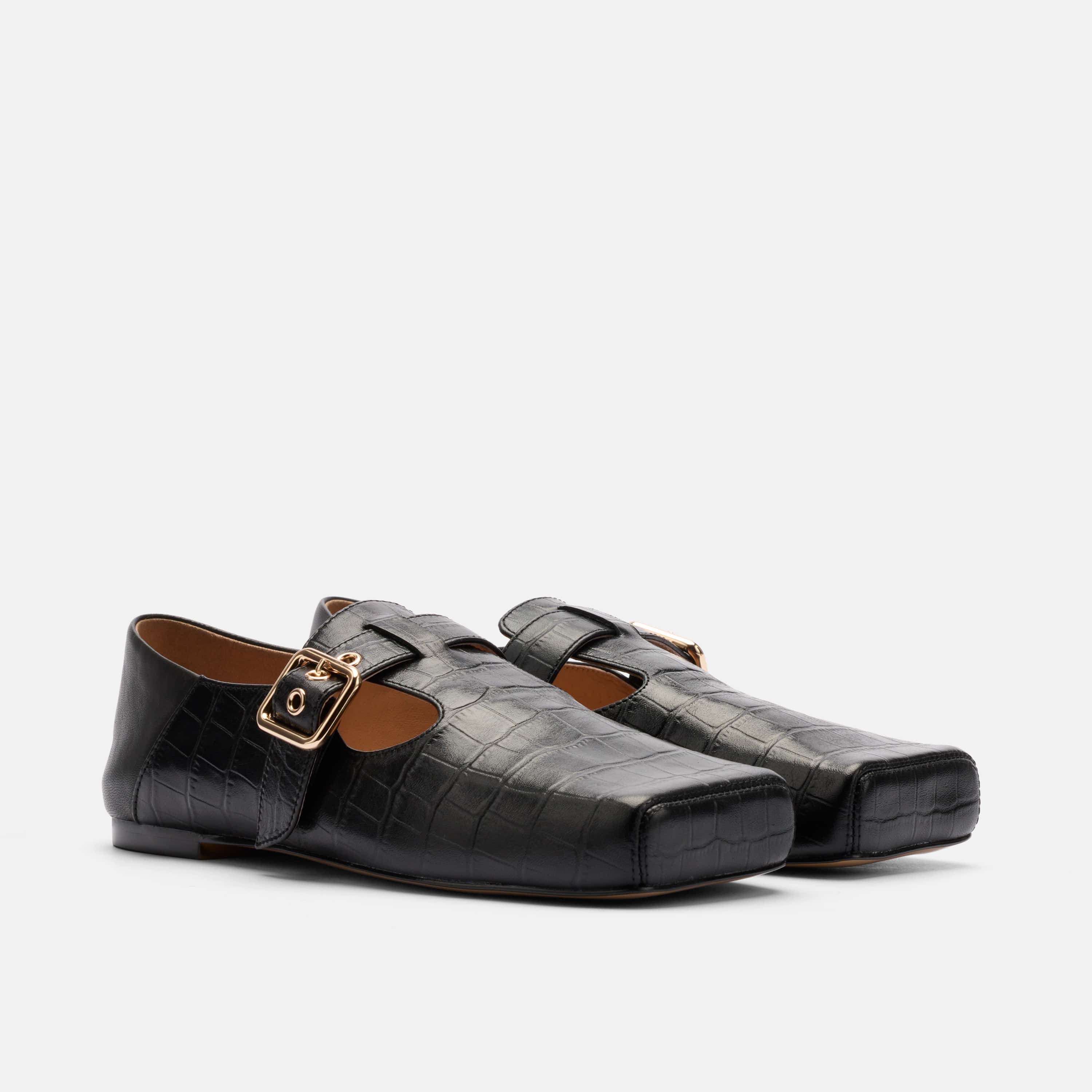 Sutton Croc Embossed Leather Mary Jane Flat, Alternate, color, Black Croc