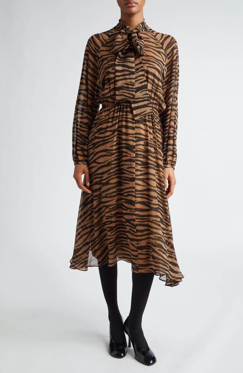 Max Mara Studio Glizia Tiger Stripe Long Sleeve Belted Silk Georgette Midi Shirtdress, Alternate, color, 