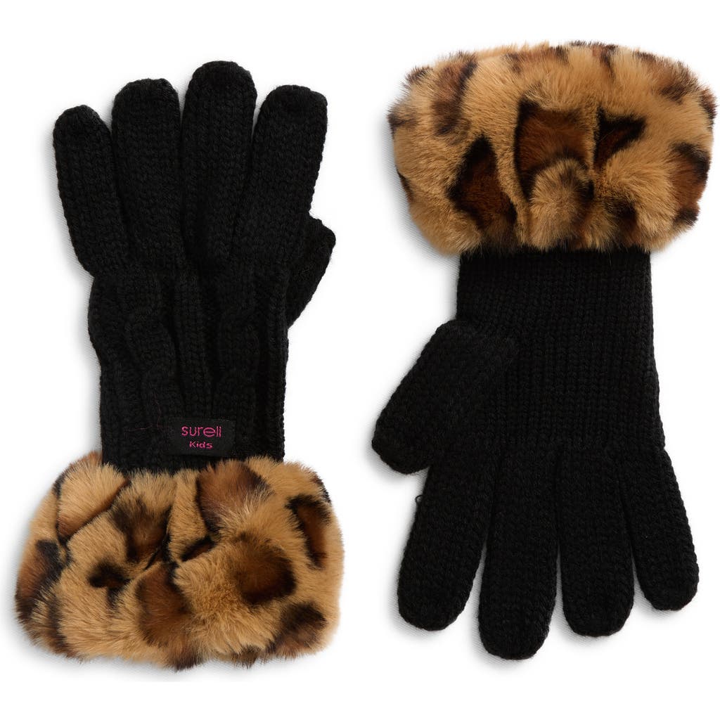 Surell Kids' Faux-fur Cuff Gloves In Black