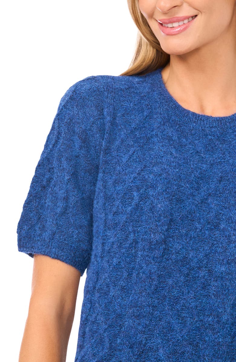 Halogen<sup>®</sup> Fuzzy Cable Stitch Short Sleeve Crewneck Sweater, Alternate, color, Mountain Blue