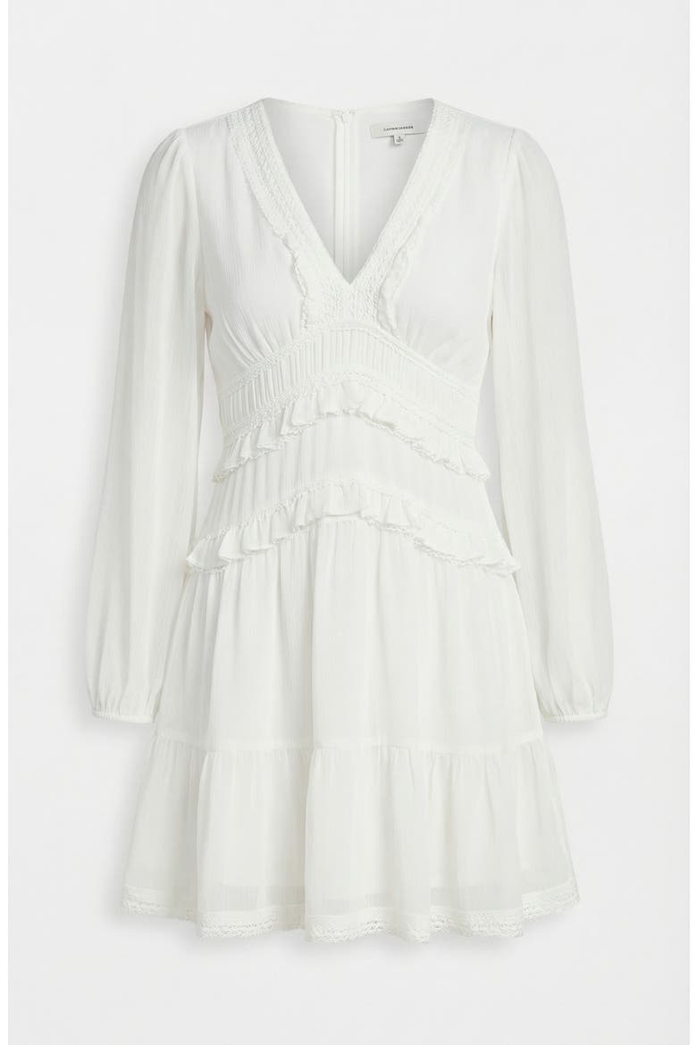 Long Sleeve V-Neck Ruffle Tiered Mini Dress with Sheer Chiffon Overlay, Alternate, color, White