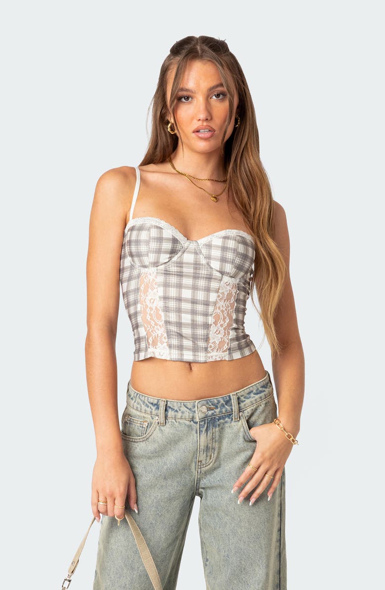 EDIKTED Plaid Lace Panel Corset Top, Alternate, color,