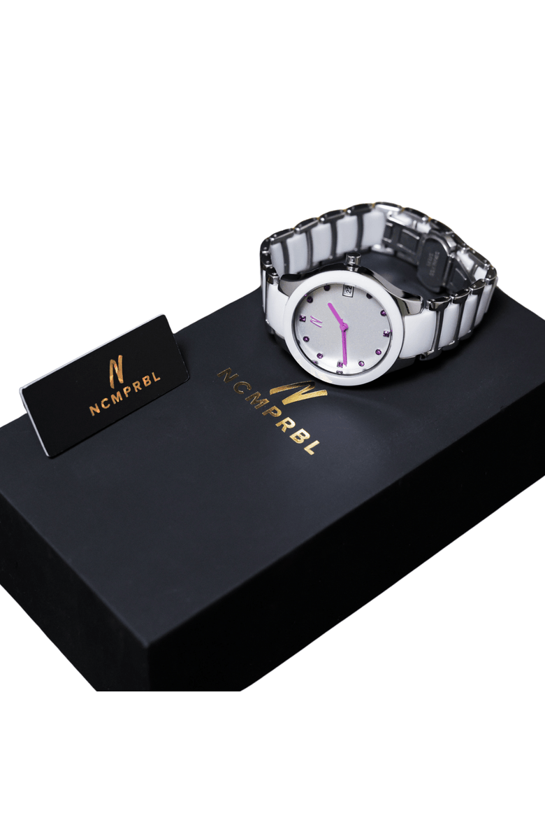 NCMPRBL Petite Link Purple Reign Ceramic Bracelet Watch, 34MM, Alternate, color, White/Silver/ Purple