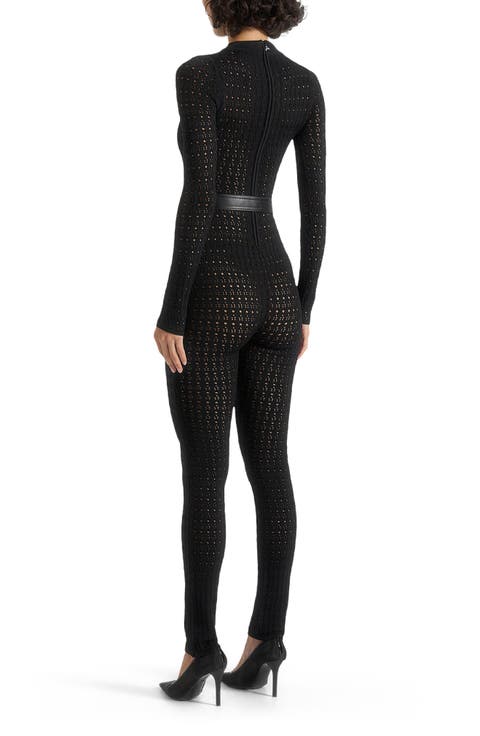 Tiana Pointelle Knit Long Sleeve Jumpsuit with Belt