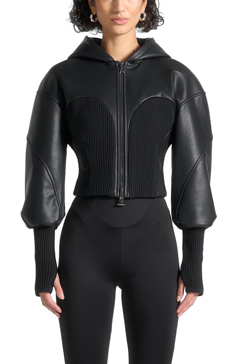 Manière De Voir Amani Hooded Pebbled Leather Contour Jacket, Main, color, 