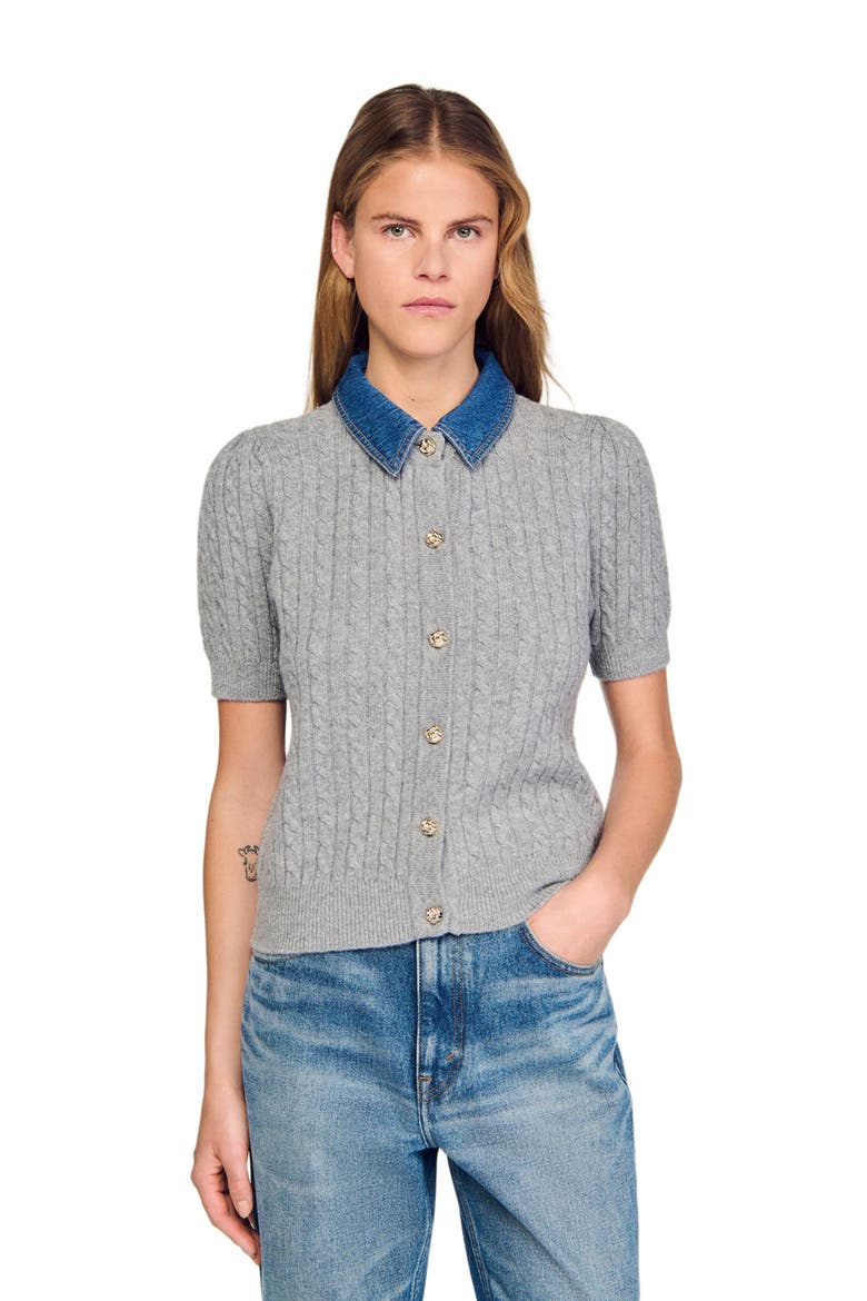 Cardigan with detachable denim collar, Alternate, color, Grey