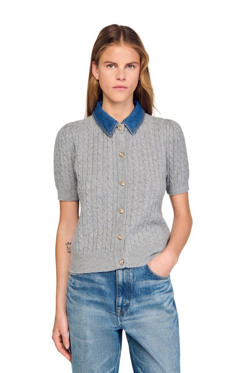 SANDRO Cardigan with detachable denim collar, Alternate, color, Grey