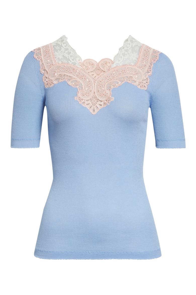 Colorblock Lace Trim Rib Wool Sweater, Alternate, color, BALTIC SEA