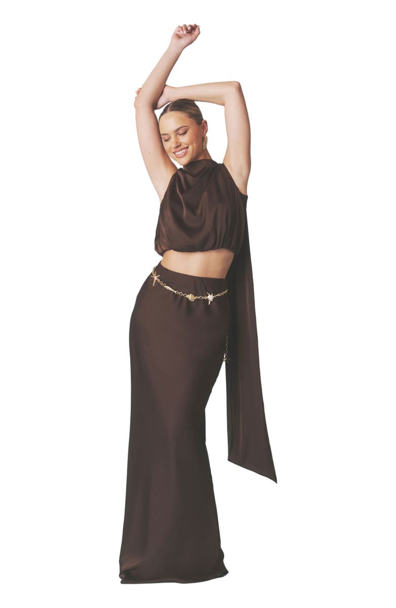 Six Stories Satin Drape Detail High Neck Top, Alternate, color, Chocolate