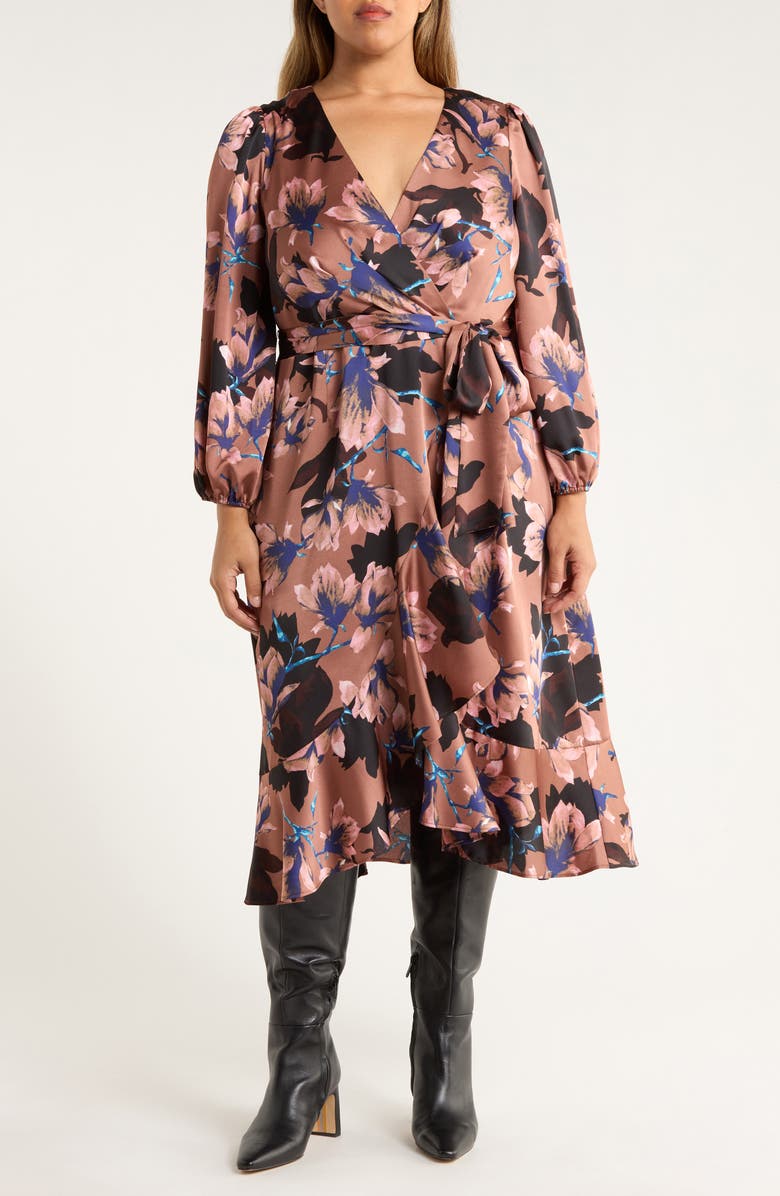 Tahari ASL Floral Long Sleeve Satin Faux Wrap Dress, Main, color, Mauve Floral