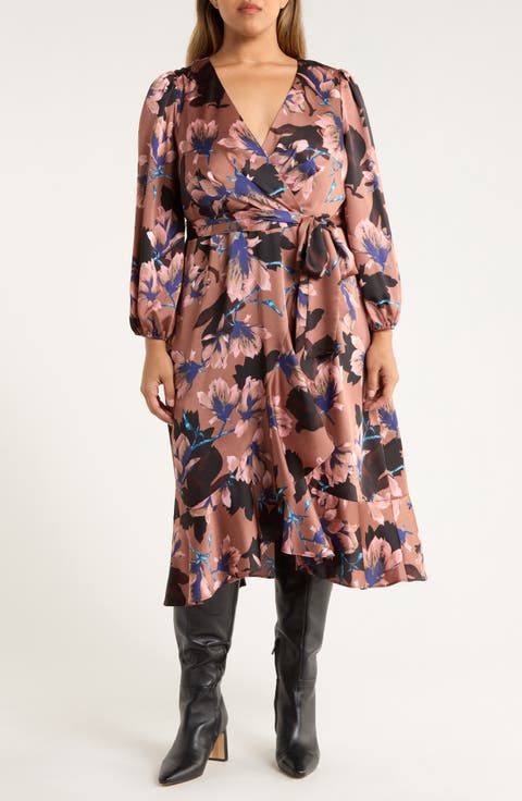Floral Long Sleeve Satin Faux Wrap Dress (Plus)