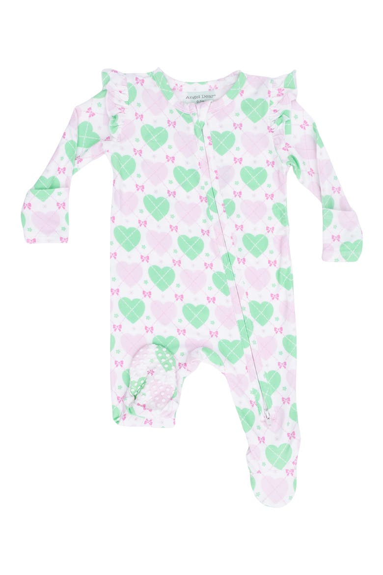 Heart Argyle Zip Footie, Main, color, PINK/ GREEN/ IVORY