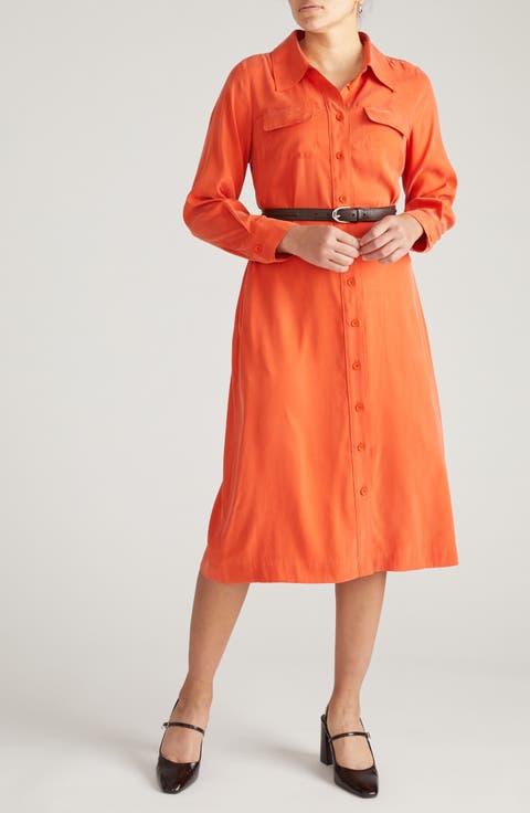 Cooling Long Sleeve Stretch Cupro Blend Shirtdress