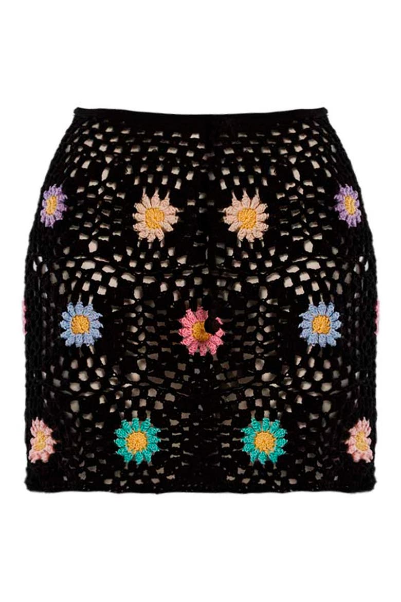 Vivi Granny Square Crochet Cover-Up Miniskirt, Alternate, color, BLACK