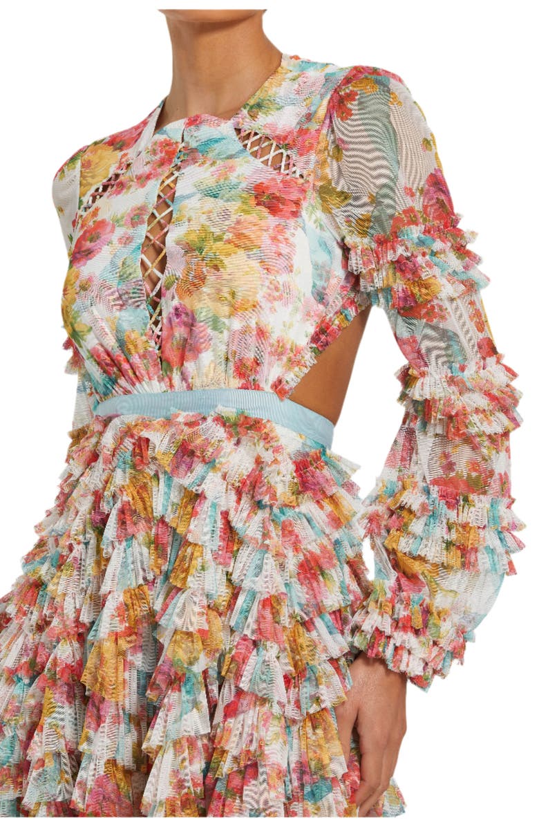 Mac Duggal Long Sleeve Tiered Ruffle Cutout Criss Cross Dress, Alternate, color, White Multi