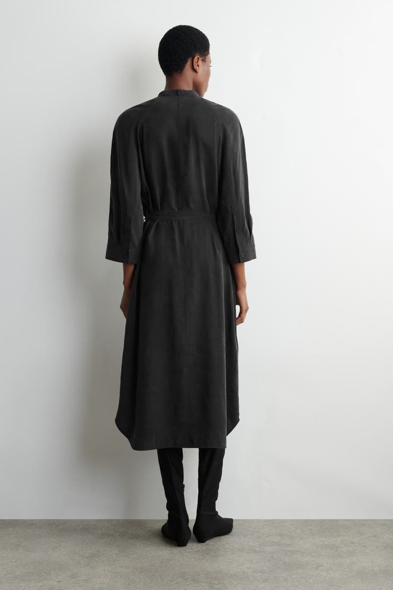 Belted Collarless Midi Shirt Dress, Alternate, color, BLACK