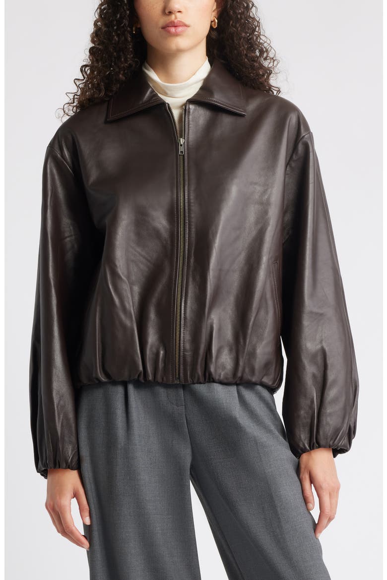 Bubble Hem Leather Jacket, Alternate, color, BROWN TORTE