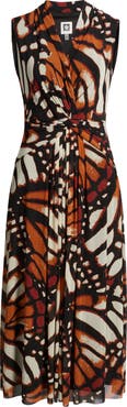 Anne Klein Twist Front Print Sleeveless Midi Dress