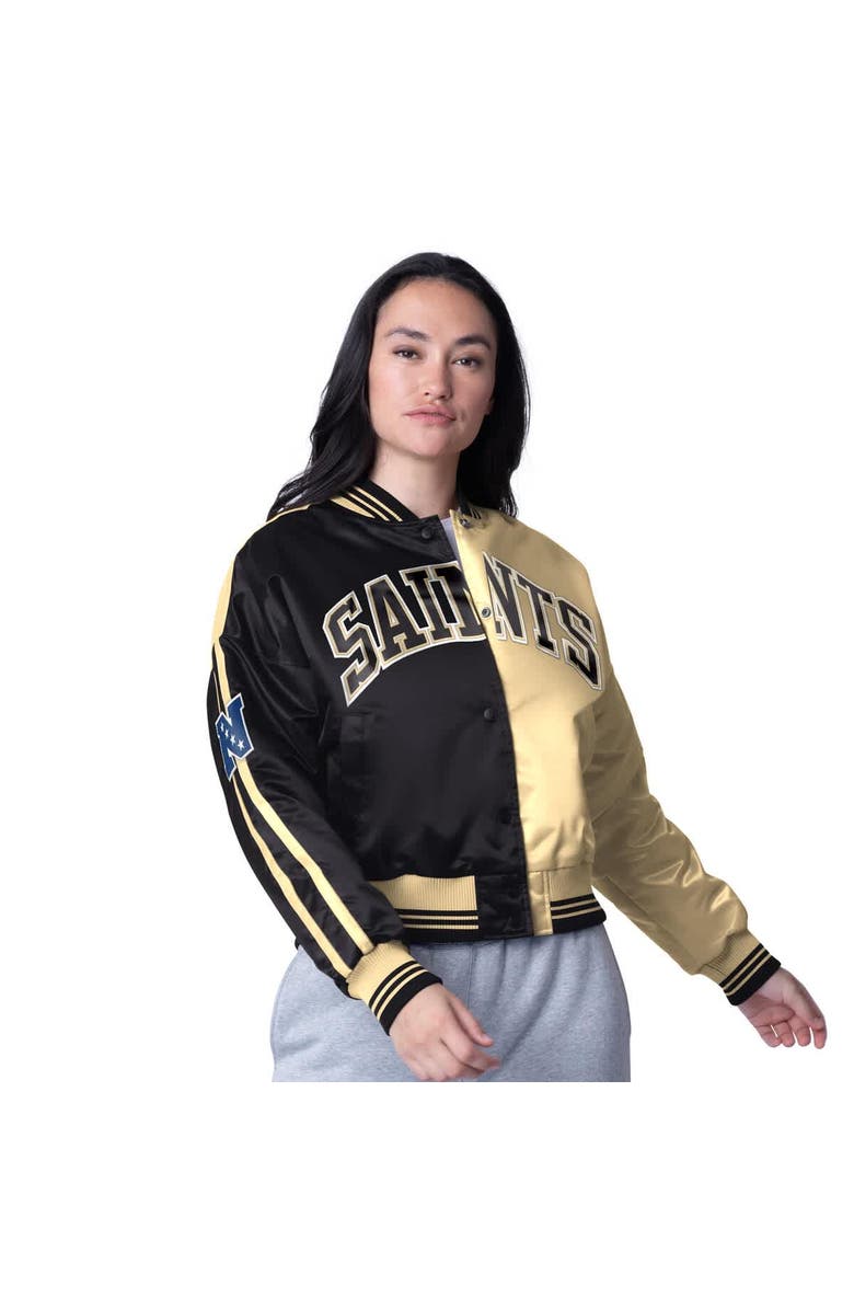 STARTER Women's Starter Black/Gold New Orleans Saints Zone Blitz Cropped Full-Snap Satin Jacket, Alternate, color, Black