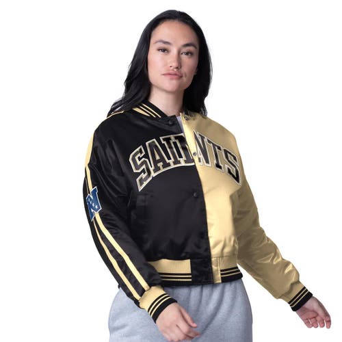 Starter Black/gold New Orleans Saints Zone Blitz Cropped Full-snap Satin Jacket In Multi
