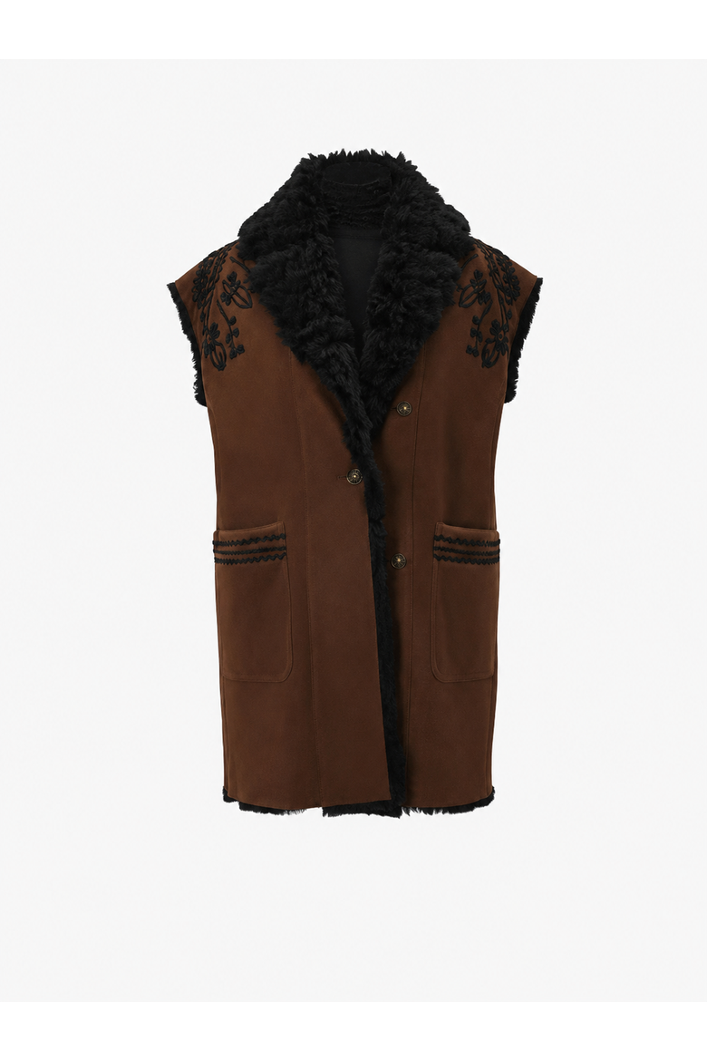 Cadenza Merino Curly Shearling Long Vest with Embroidery, Main, color, Black/Brown