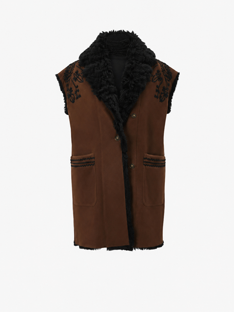 Cadenza Merino Curly Shearling Long Vest with Embroidery