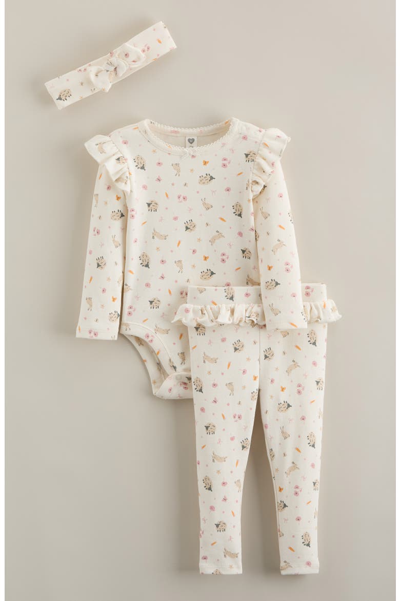 Flutter Bodysuit, Pants & Headband Set, Main, color, IVORY EGRET SPRINGTIME FRIENDS