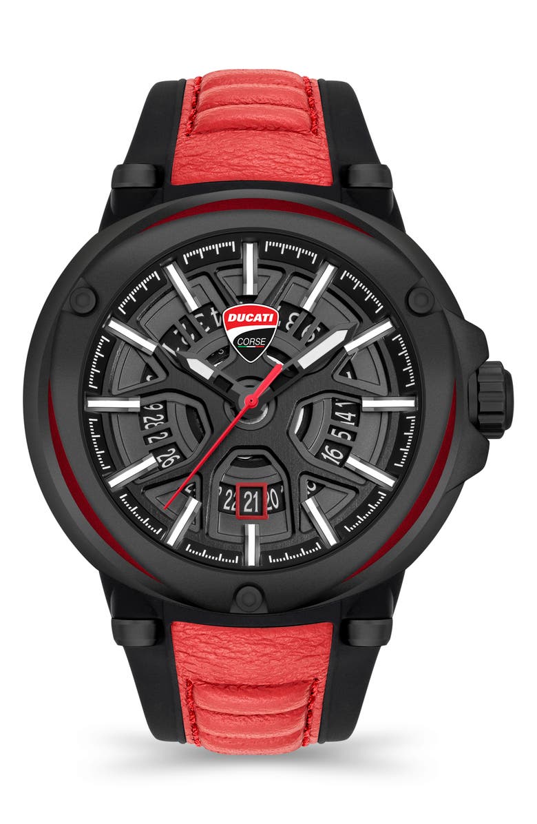 Ducati Corse Partenza Leather & Silicone Strap Multifunction Watch, 49mm, Main, color,