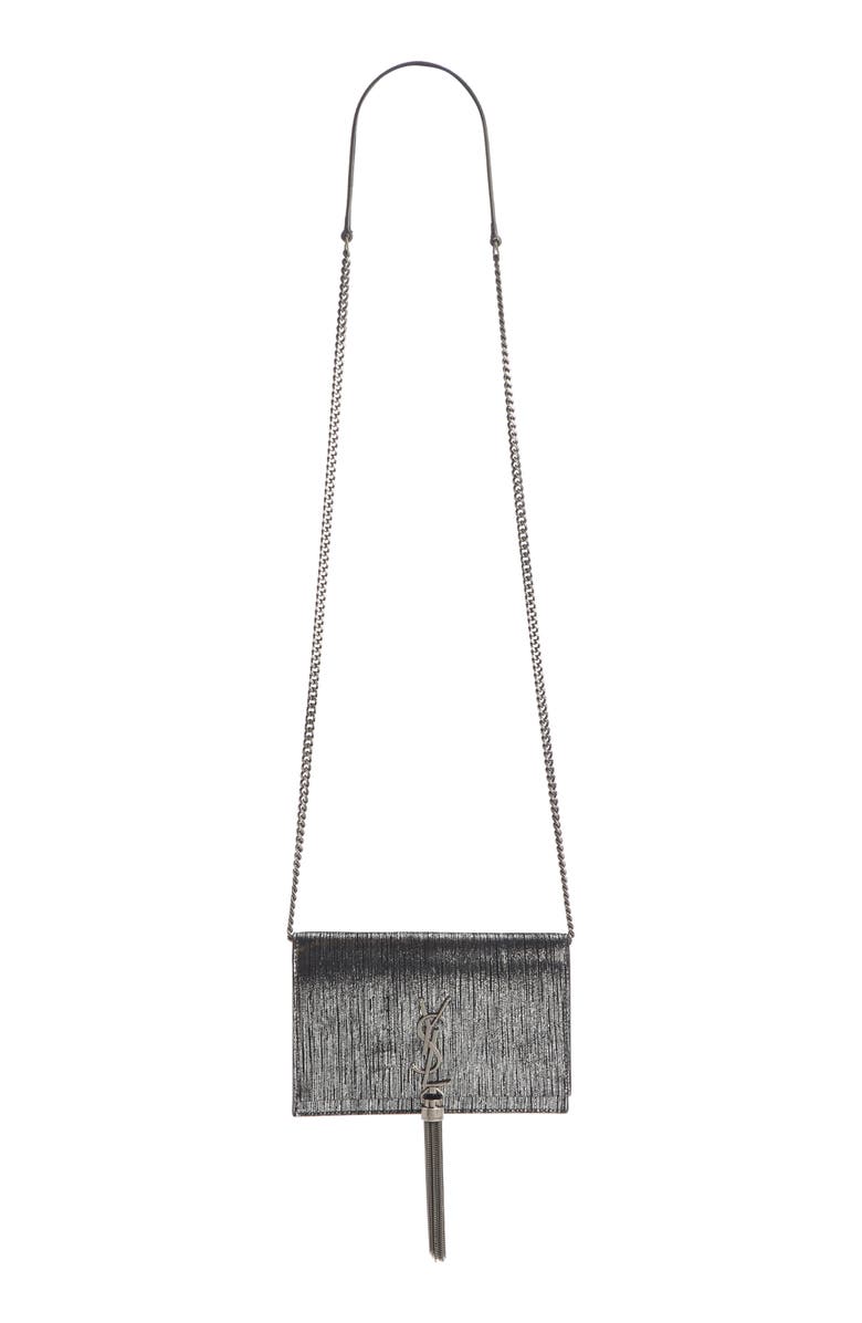 Saint Laurent Kate Lamé Calfskin Leather Wallet on a Chain, Main, color, 
