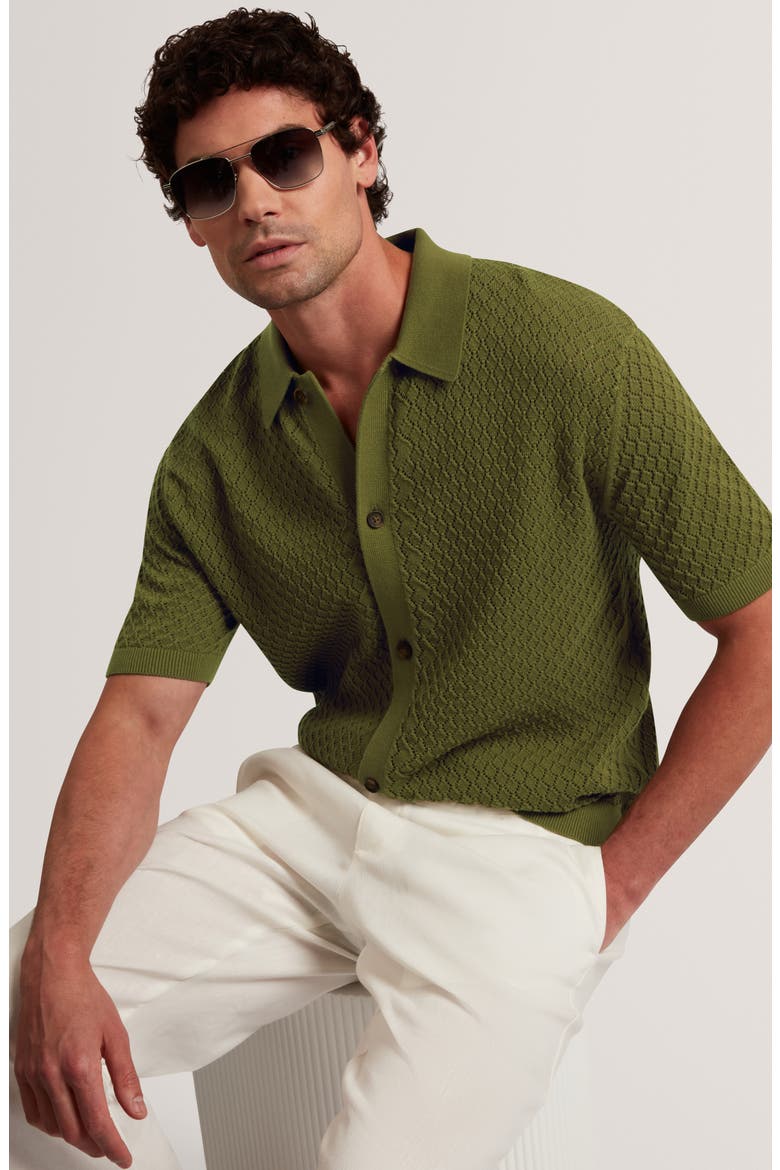Domati Texture Knit Short Sleeve Button-Up Shirt, Alternate, color, KHAKI