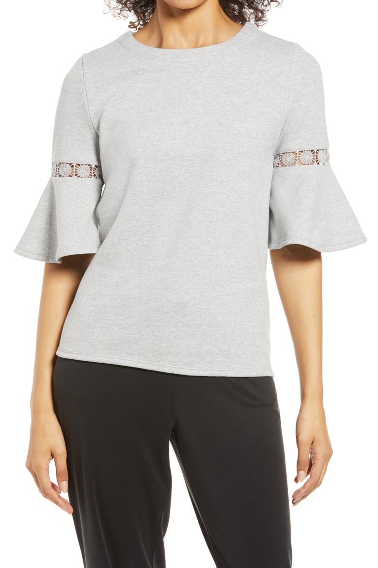 Lace Accent Bell Sleeve Cotton Blend Knit Top, Main, color, HEATHER GREY
