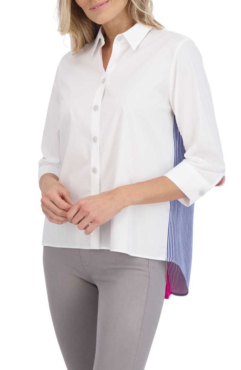 Foxcroft Kelly Colorblock Cotton Blend Button-Up Shirt, Alternate, color, Blue White Stripe