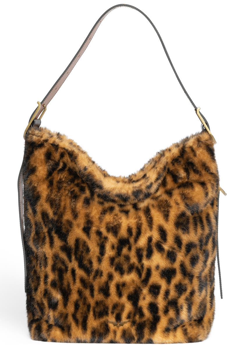 Zadig & Voltaire Jane X-Large Leo Faux Fur Hobo Bag, Main, color, Cognac