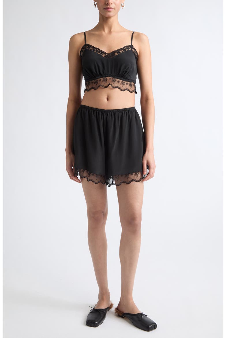 Lace Trim Crêpe de Chine Negligee Shorts, Alternate, color, BLACK