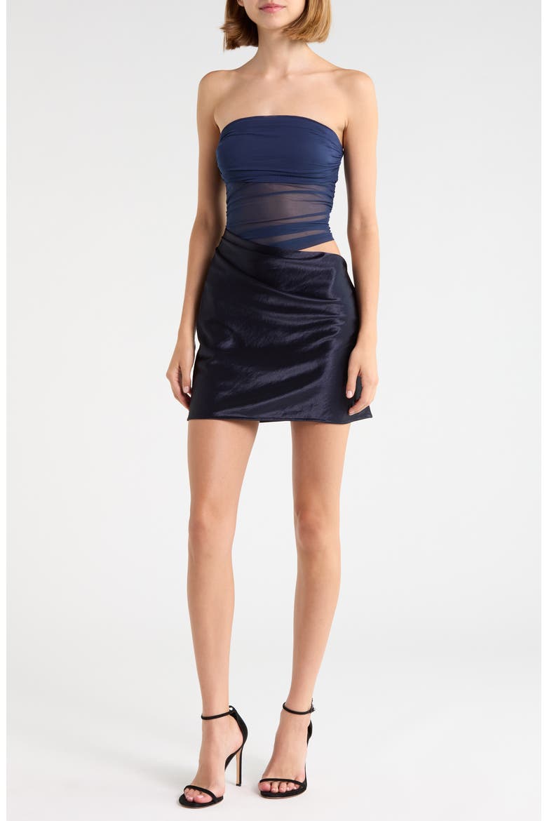 Elemental Strapless Mesh & Satin Minidress, Main, color, BLUE