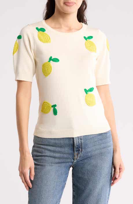 BY DESIGN Freida Crochet Fruit Short Sleeve Sweater