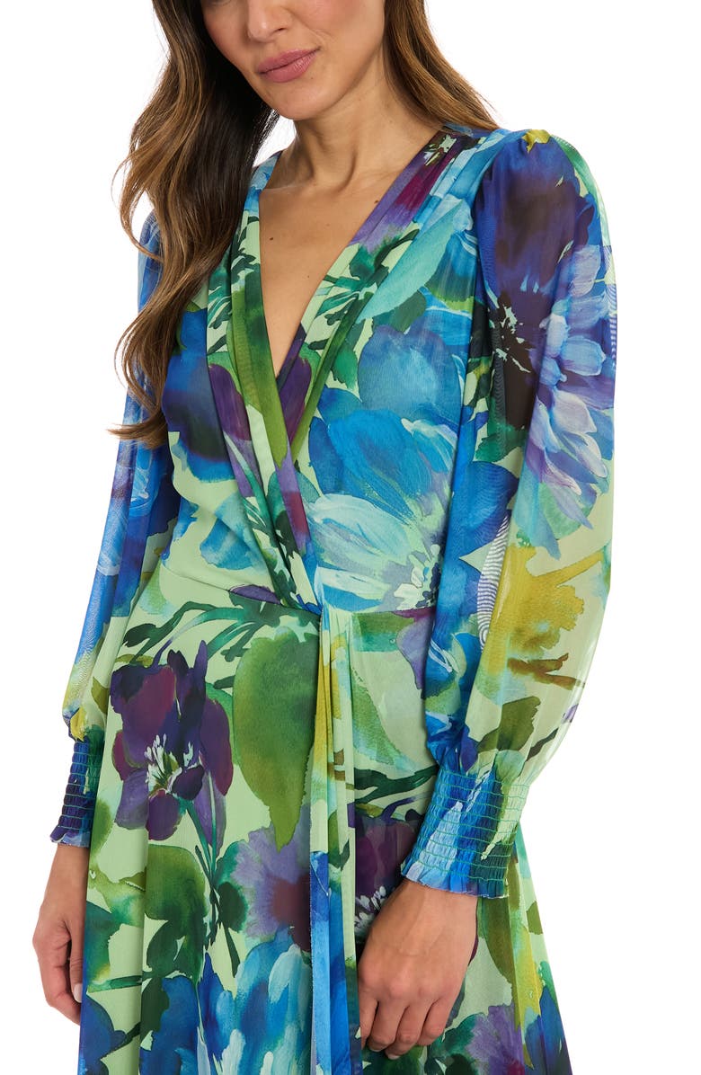 London Times Floral Long Sleeve Mesh Faux Wrap Maxi Dress, Alternate, color, Sage/ Blue