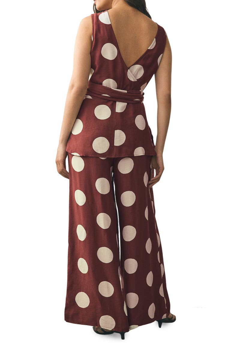 Polka Dot Tie Waist Jumpsuit, Alternate, color, BROWN