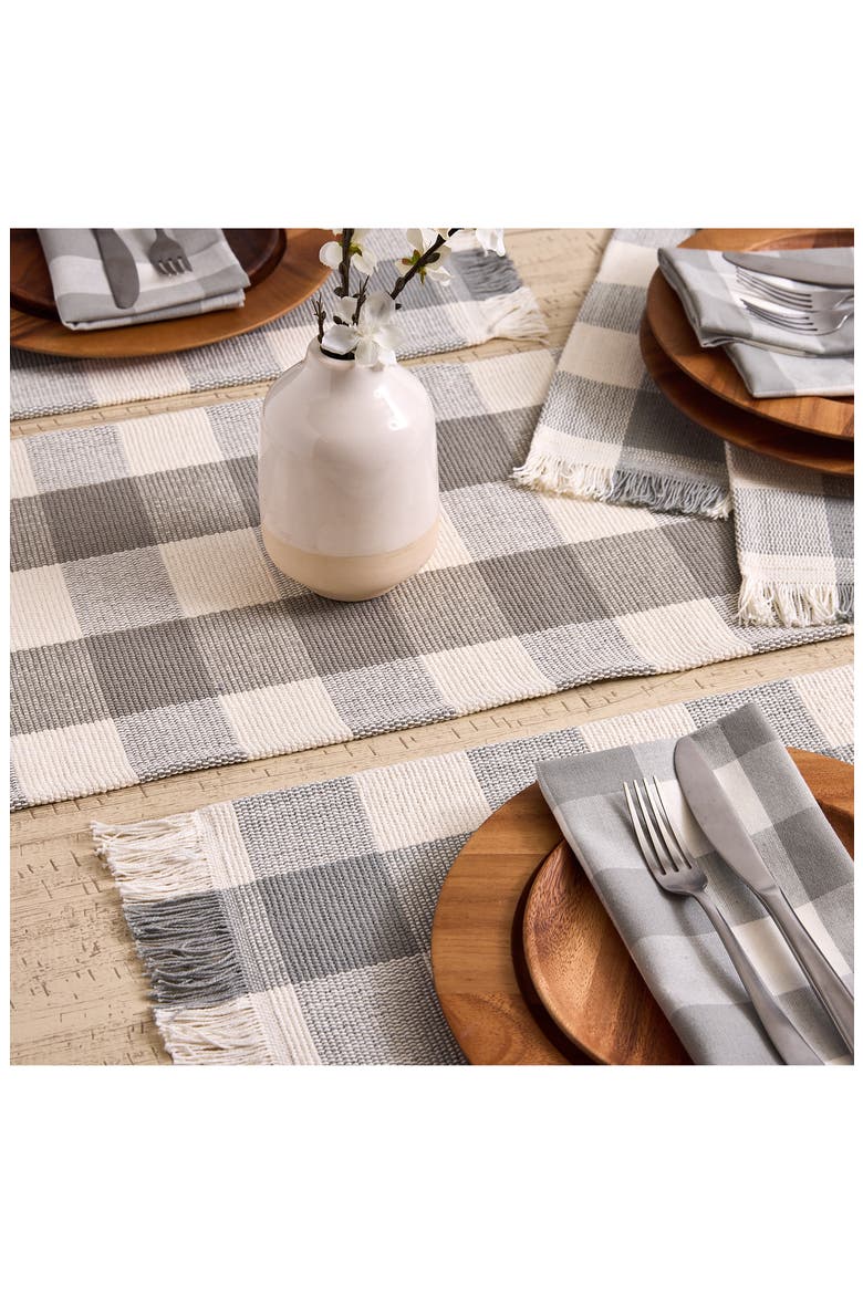 Checkered Fringe Cotton Table Runner, Alternate, color, GRAY