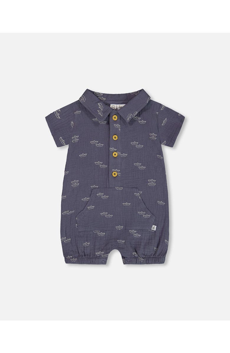 Deux par Deux Baby Boy's Printed Muslin Romper Navy Blue Paper Boats, Main, color, 
