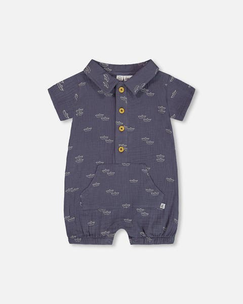 Deux Par Deux Jersey Romper - Printed Blue Sailboats