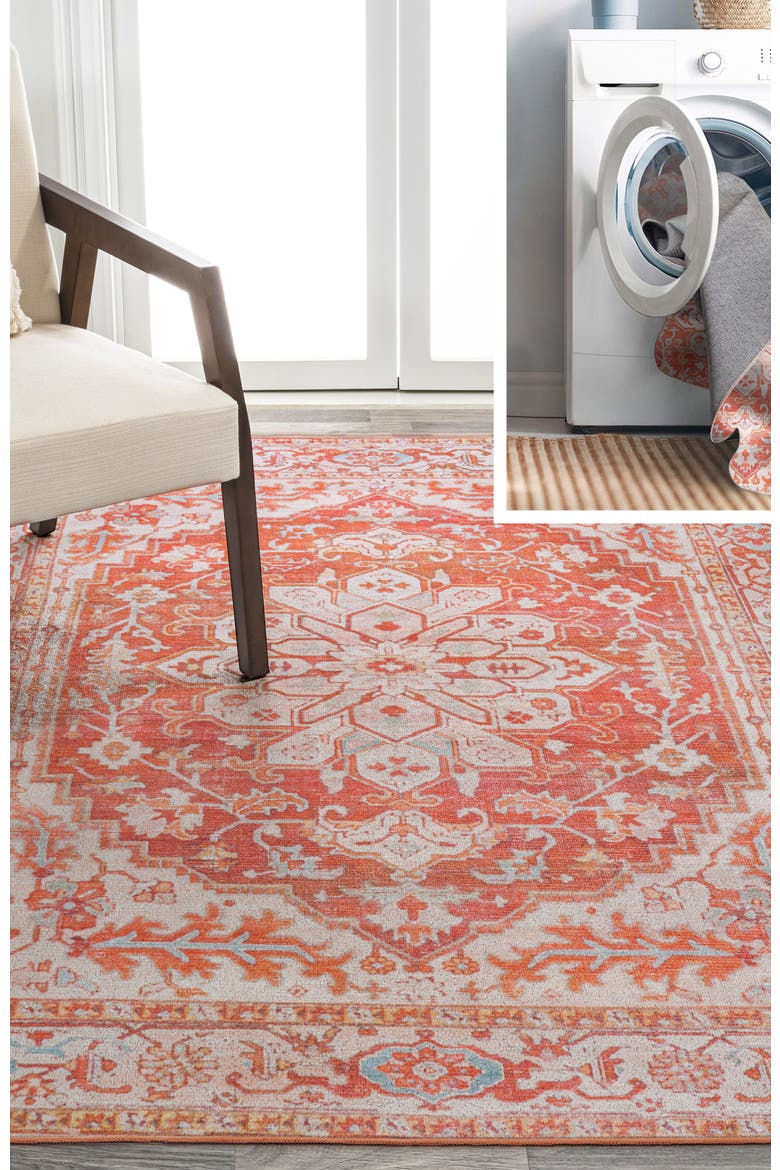 Asa Ornate Medallion Machine-Washable Area Rug, Alternate, color, Orange/Cream