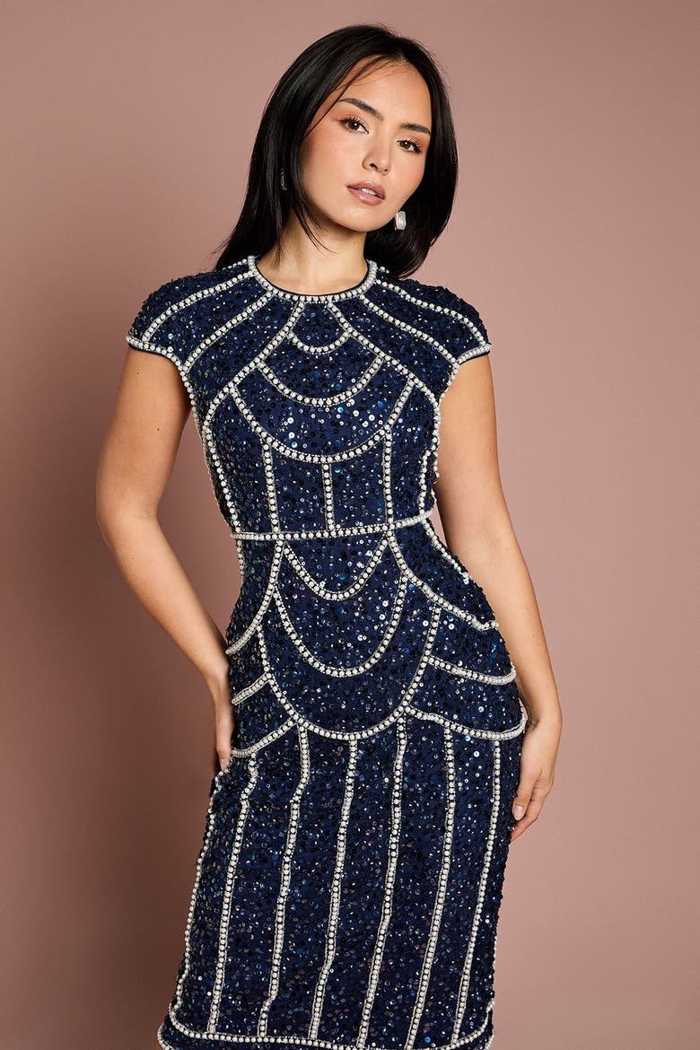 Petite Embellished Midi Dress, Alternate, color, Navy