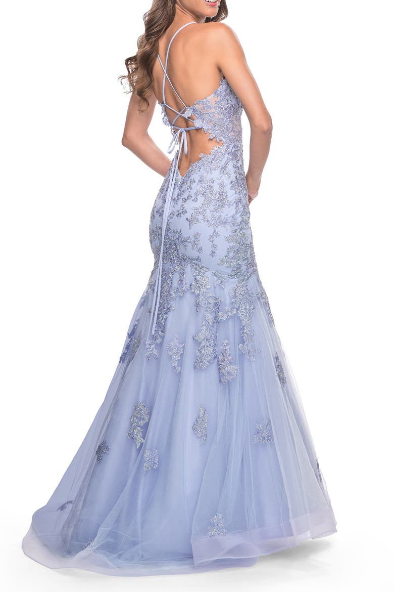 Mermaid Lace Embellished Gown with Illusion Top, Alternate, color, Lilac Mist