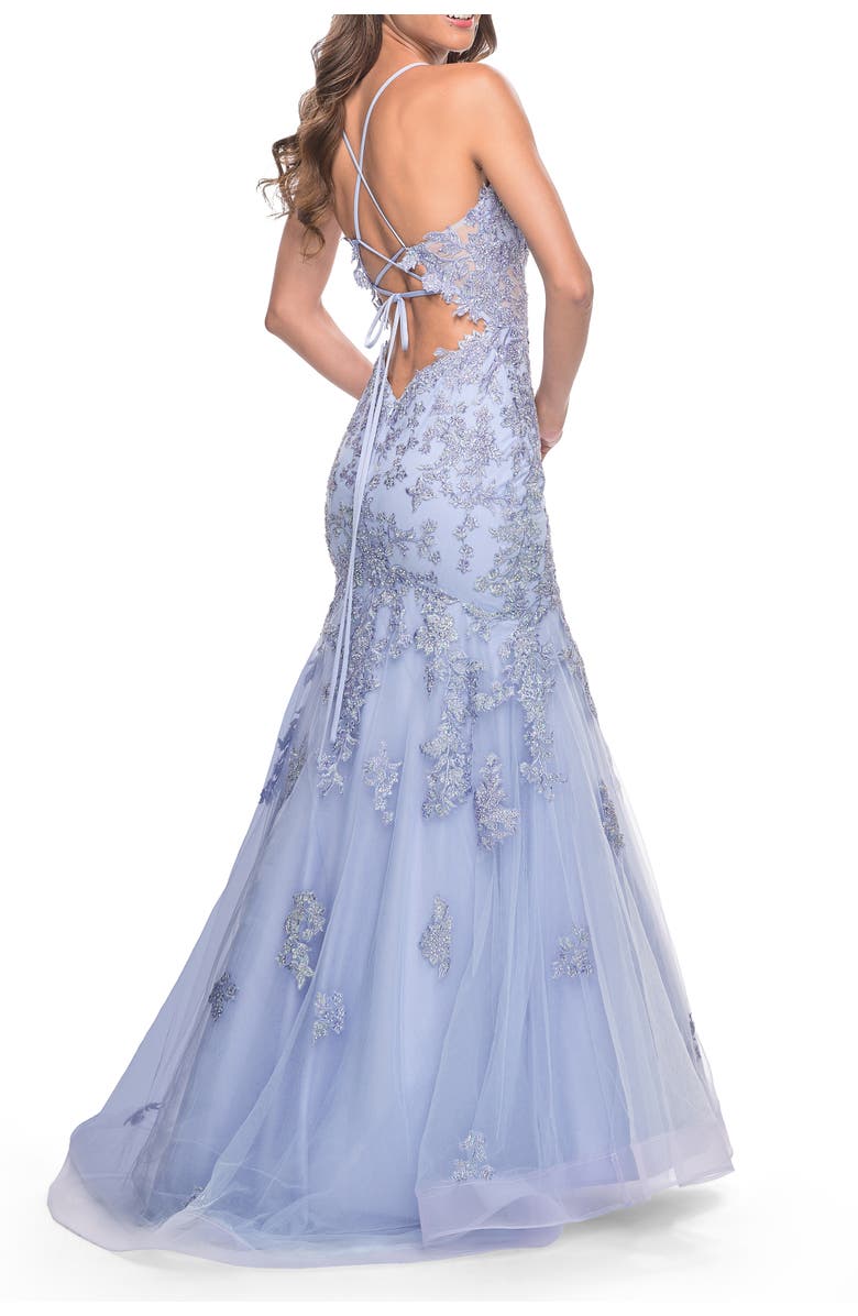 La Femme Mermaid Lace Embellished Gown with Illusion Top, Alternate, color, Lilac Mist