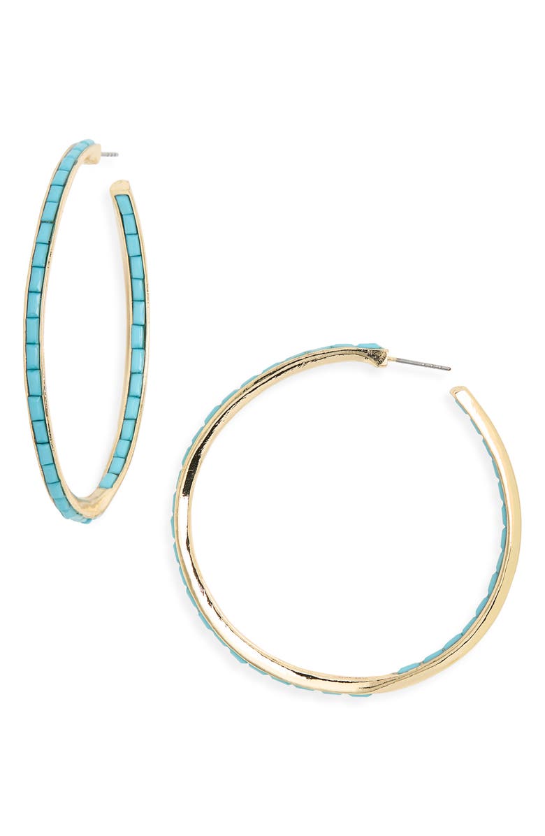 NORDSTROM RACK 55mm Inside Out Baguette Hoop Earrings, Main, color, Turquoise- Gold