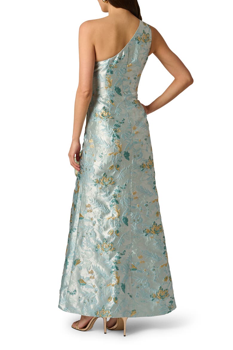One-Shoulder Rosette Metallic Jacquard Slit Gown, Alternate, color, BLUE MULTI