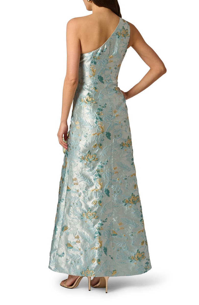 Adrianna Papell One-Shoulder Rosette Metallic Jacquard Slit Gown, Alternate, color, 
