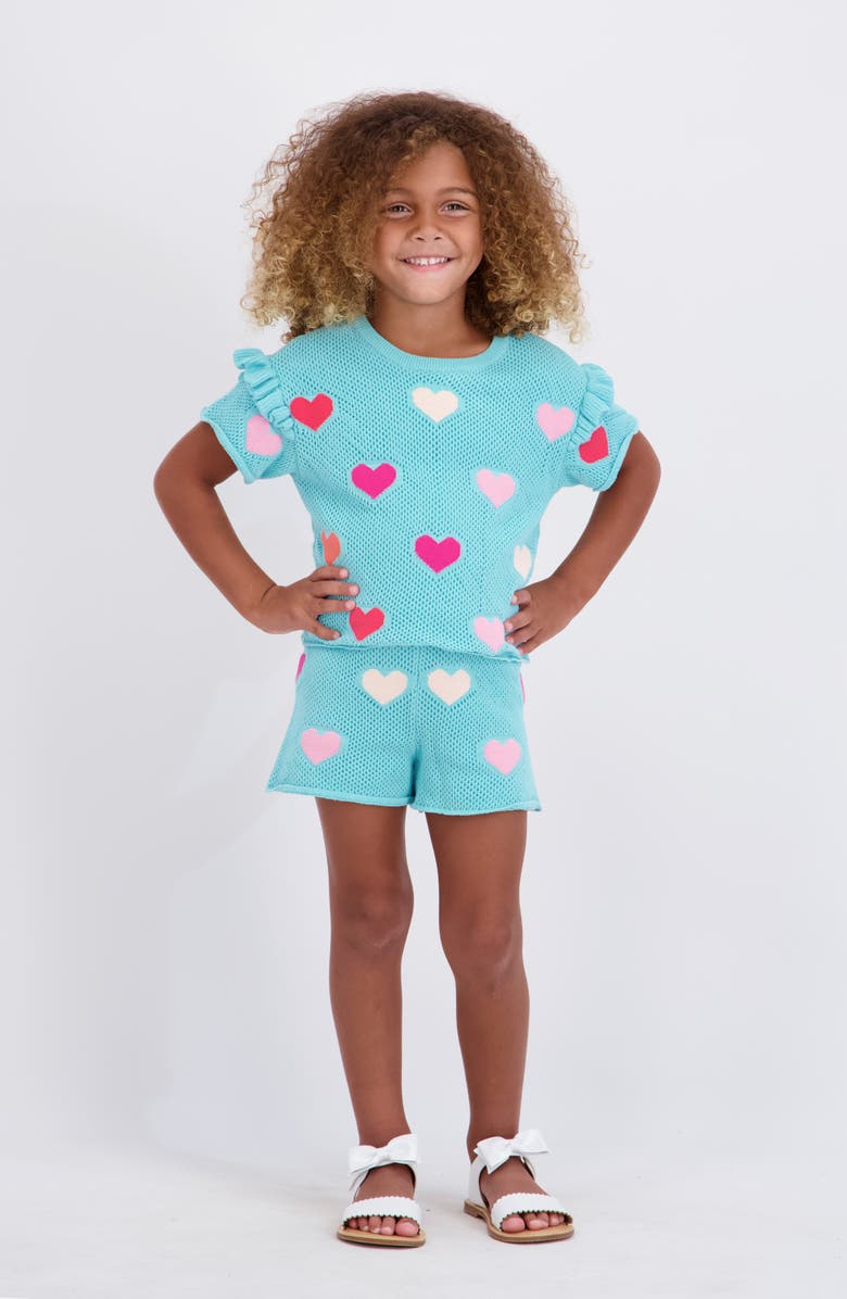 Andy & Evan Kids' Open Knit Top & Shorts Set, Alternate, color, Aqua Hearts