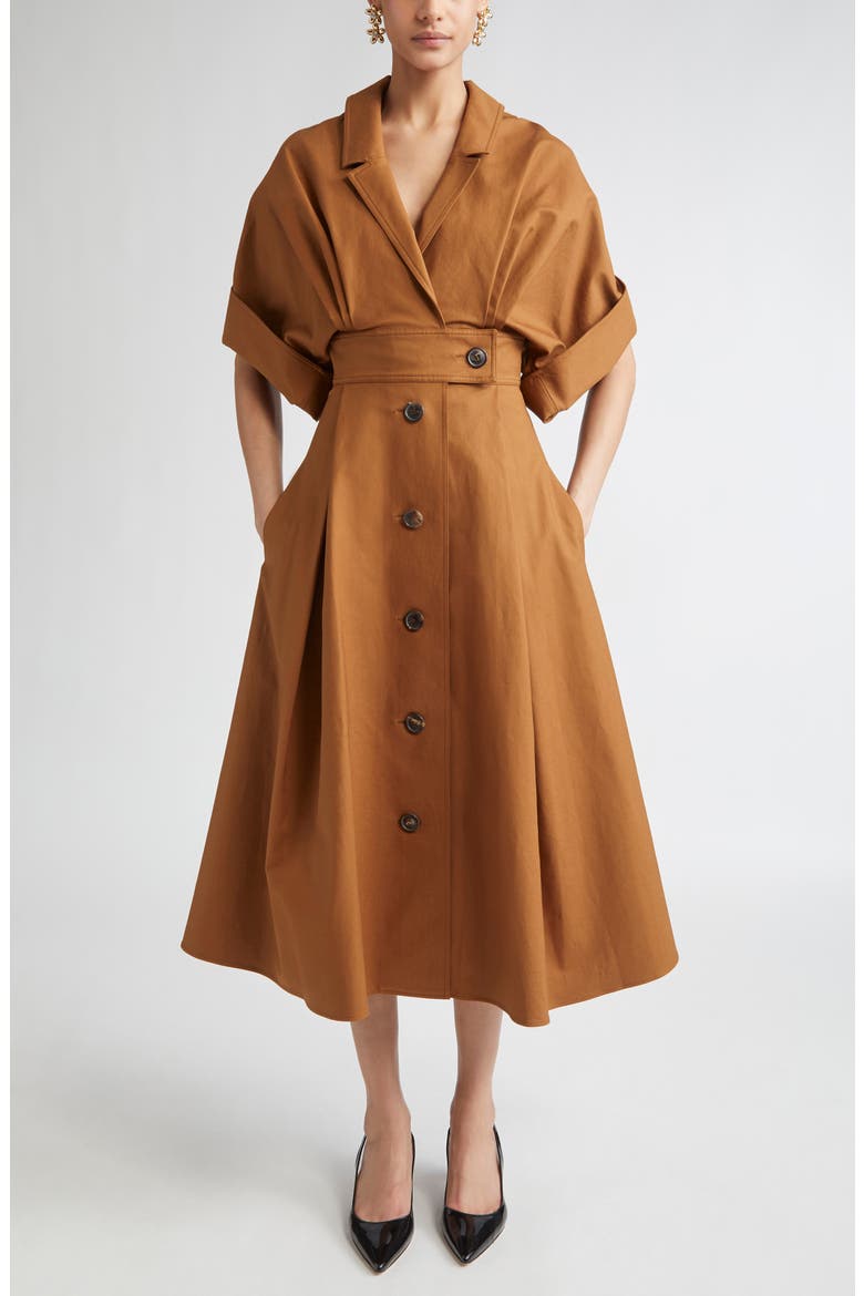 Wide Sleeve Belted Stretch Cotton Sateen Shirtdress, Main, color, NUTMEG